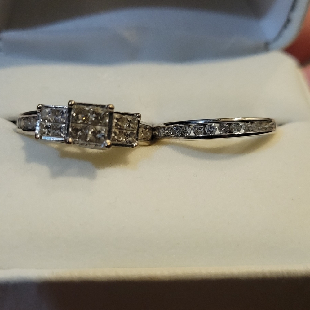 Engagement and wedding band SET  "White 10K gold"